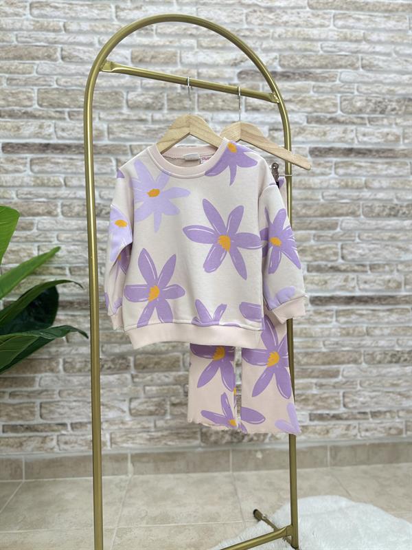 Kız Çocuk 3 İplik  Çiçekli Lila Krem İspanyol Taytlı Takım