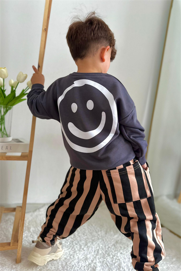 Erkek Çocuk 3 İplik Çizgili Smile Baskılı Takım