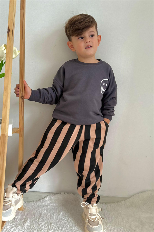 Erkek Çocuk 3 İplik Çizgili Smile Baskılı Takım