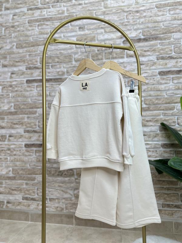 Kız Çocuk 3 İplik Ekru İspanyol Paça Takım