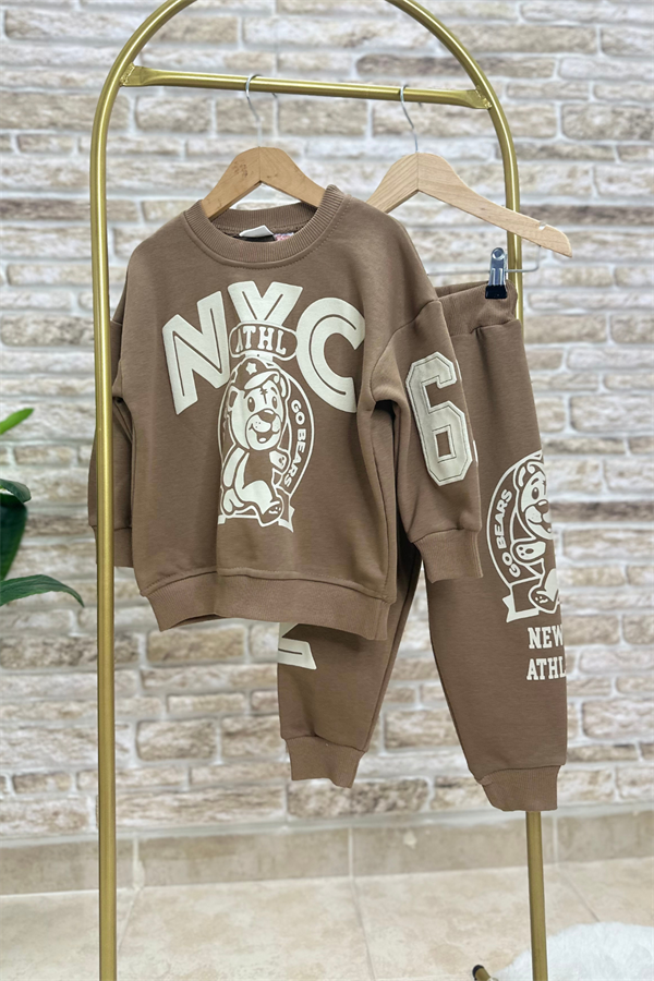 Erkek Çocuk 3 İplik Kahve Nyc Baskı İkili Takım