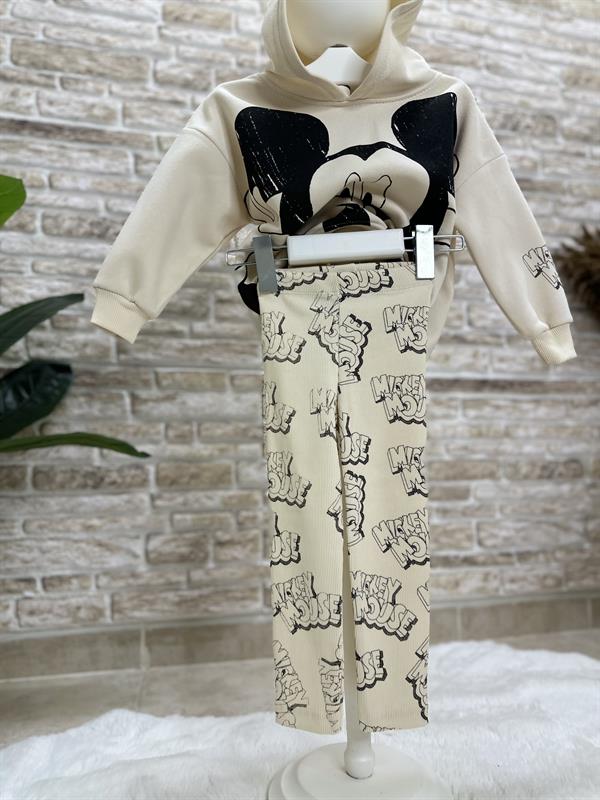 3 İplik Kapüşonlu Mickey Krem Takım