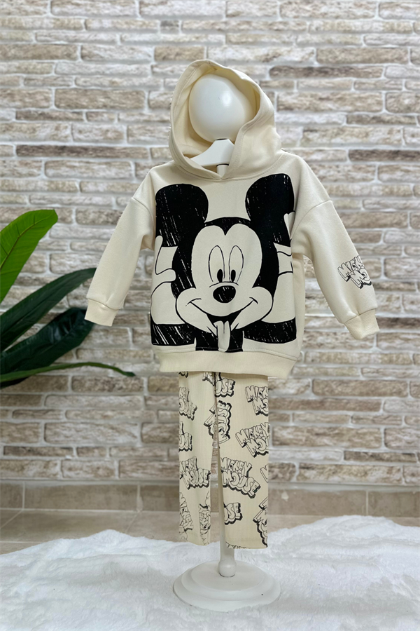 3 İplik Kapüşonlu Mickey Krem Takım