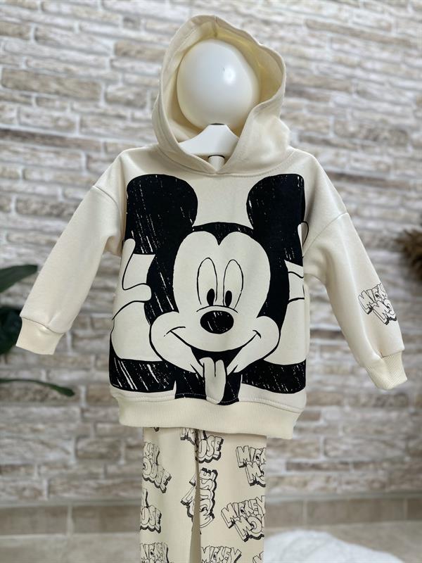 3 İplik Kapüşonlu Mickey Krem Takım