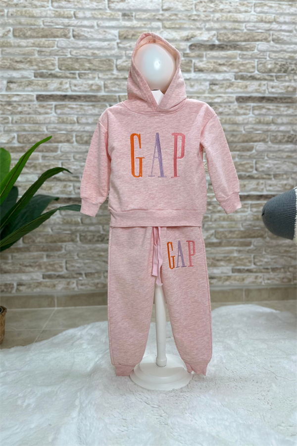 3 İplik Kapüşonlu Pembe Gap Nakışlı İkili Takım