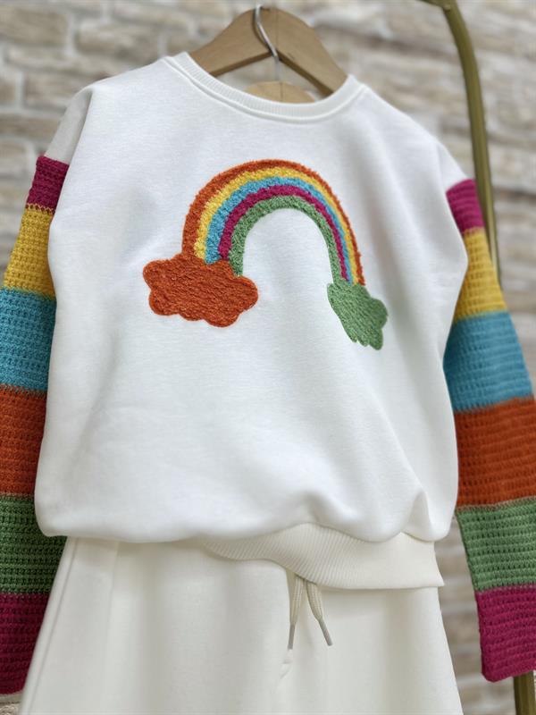 Kız Çocuk Şardonlu Örme Gökkuşağı Beyaz Takım