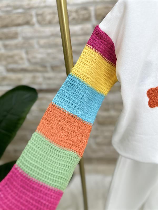 Kız Çocuk Şardonlu Örme Gökkuşağı Beyaz Takım