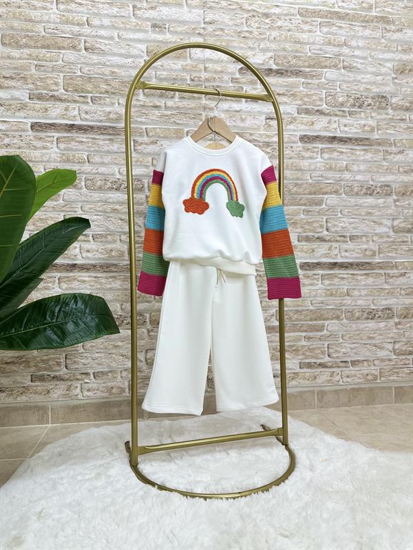 Kız Çocuk Şardonlu Örme Gökkuşağı Beyaz Takım
