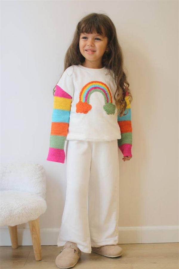 Kız Çocuk Şardonlu Örme Gökkuşağı Beyaz Takım