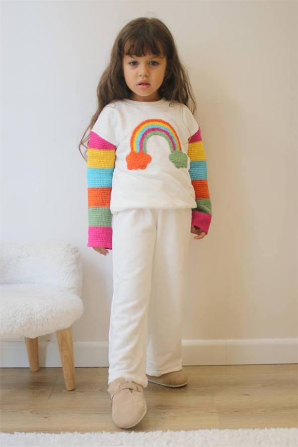 Kız Çocuk Şardonlu Örme Gökkuşağı Beyaz Takım