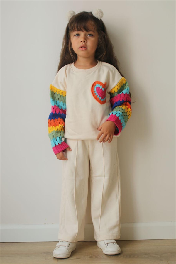Kız Çocuk 3 İplik Kolu Örme Renkli Krem Takım