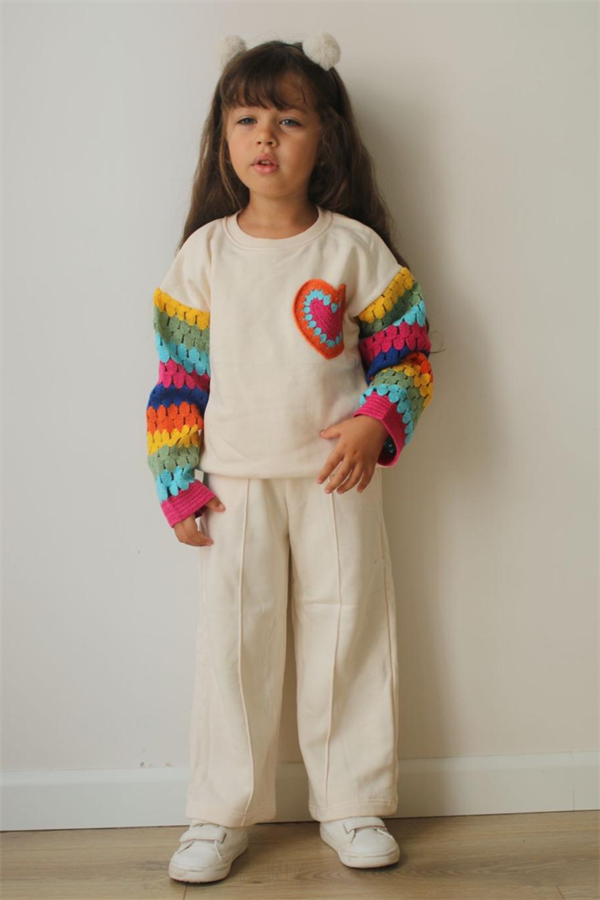 Kız Çocuk 3 İplik Kolu Örme Renkli Krem Takım