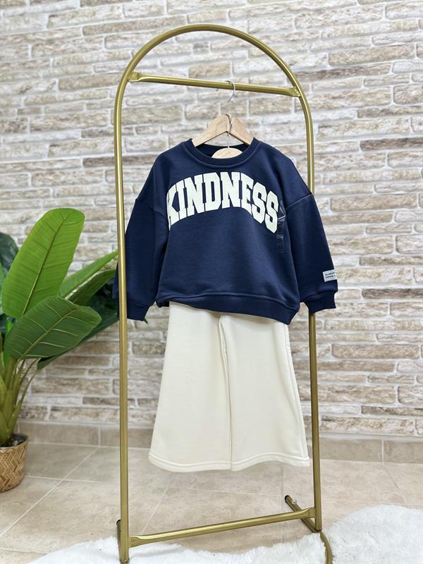 Kız Çocuk 3 İplik Lacivert Ekru Kindness İspanyol Paça Takım