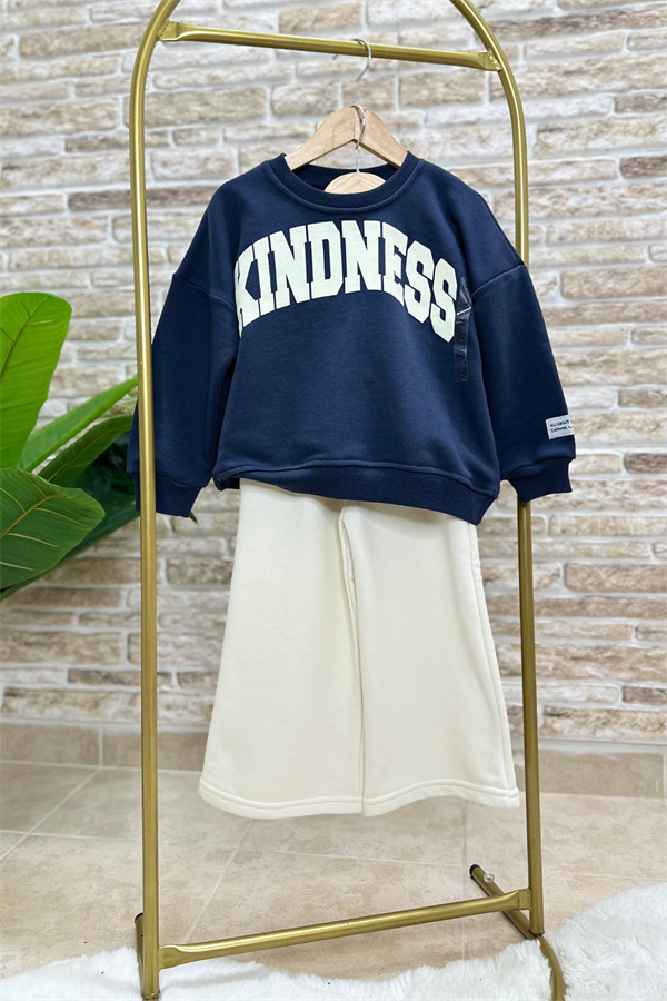 Kız Çocuk 3 İplik Lacivert Ekru Kindness İspanyol Paça Takım