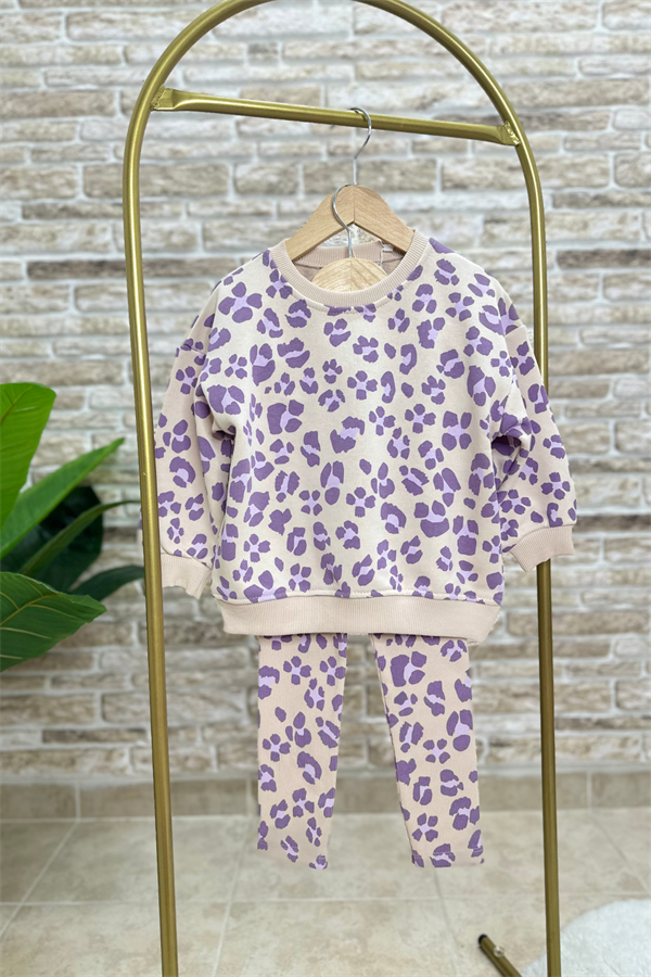 Kız Çocuk 3 İplik  Lila Zebra Baskılı Taytlı Takım