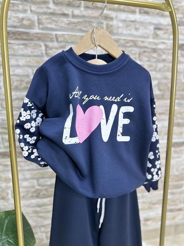 Kız Çocuk 3 İplik Love Baskı Bol Paça İkili Takım