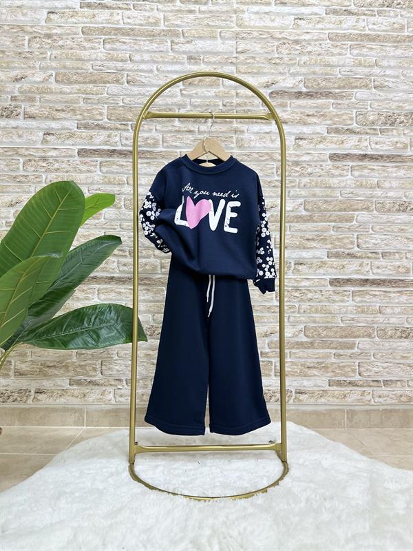 Kız Çocuk 3 İplik Love Baskı Bol Paça İkili Takım