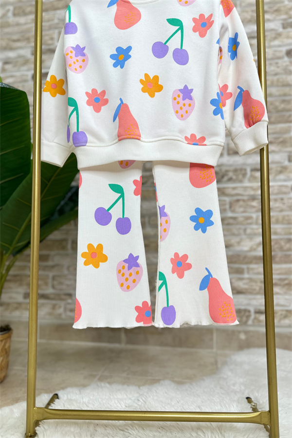 Kız Çocuk 3 İplik Meyve Desenlil İspanyol Paça Taytlı Takım