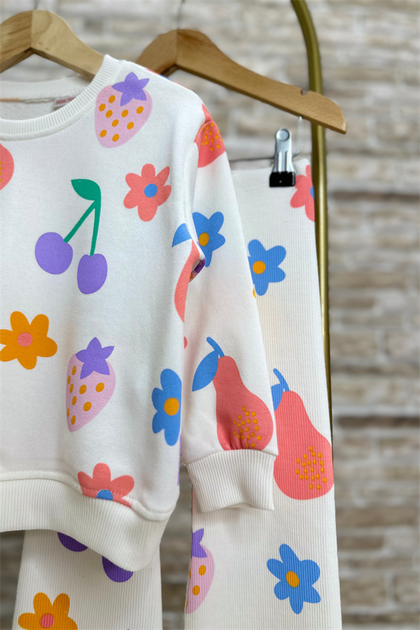 Kız Çocuk 3 İplik Meyve Desenlil İspanyol Paça Taytlı Takım