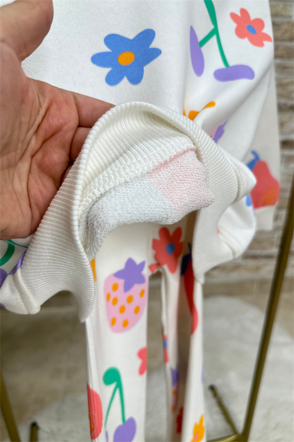 Kız Çocuk 3 İplik Meyve Desenlil İspanyol Paça Taytlı Takım