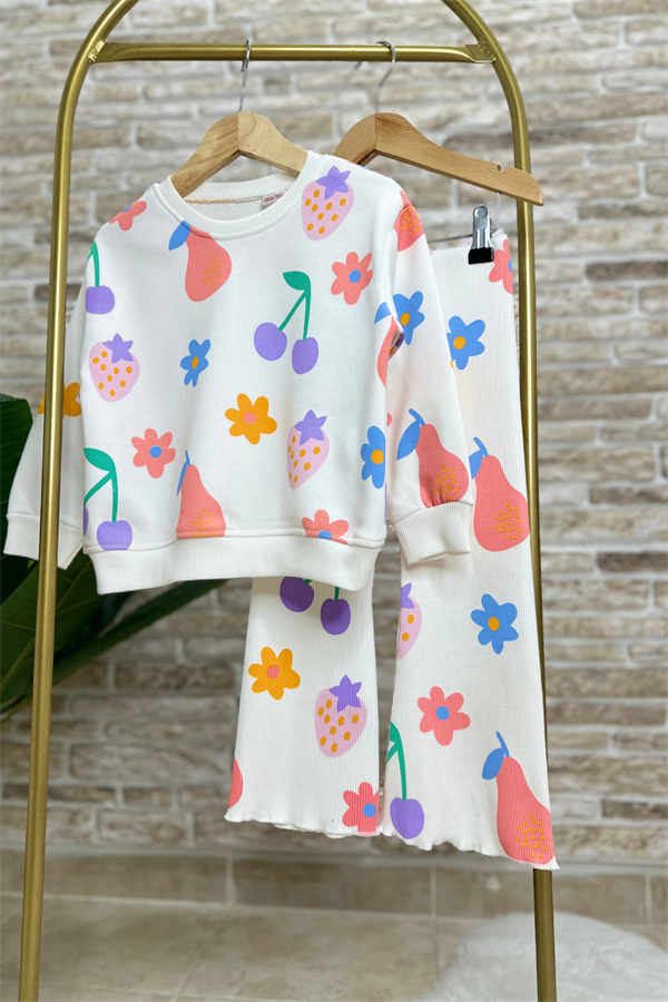 Kız Çocuk 3 İplik Meyve Desenlil İspanyol Paça Taytlı Takım