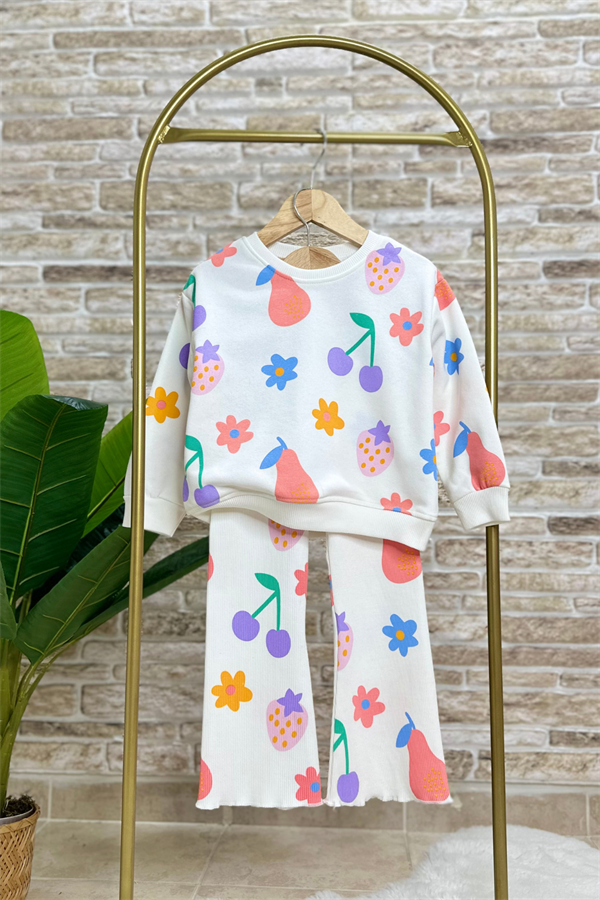 Kız Çocuk 3 İplik Meyve Desenlil İspanyol Paça Taytlı Takım