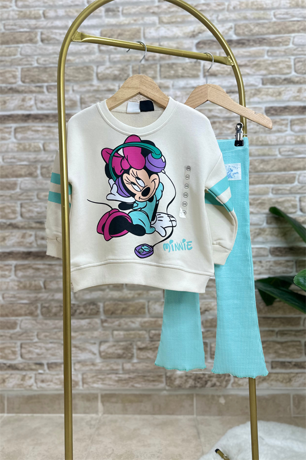Kız Çocuk 3 İplik  Minnie İspanyol Turkuaz Taytlı Takım