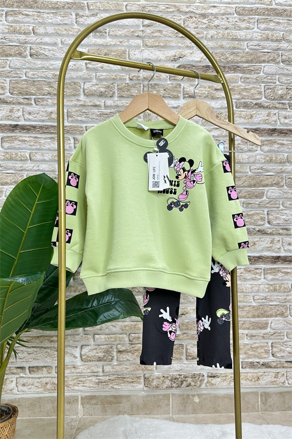 Kız Çocuk 3 İplik Minnie Neon Renk Taytlı Takım