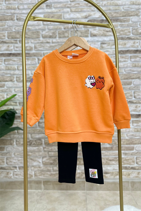 Kız Çocuk 3 İplik Oranj Nakışlı Taytlı Takım