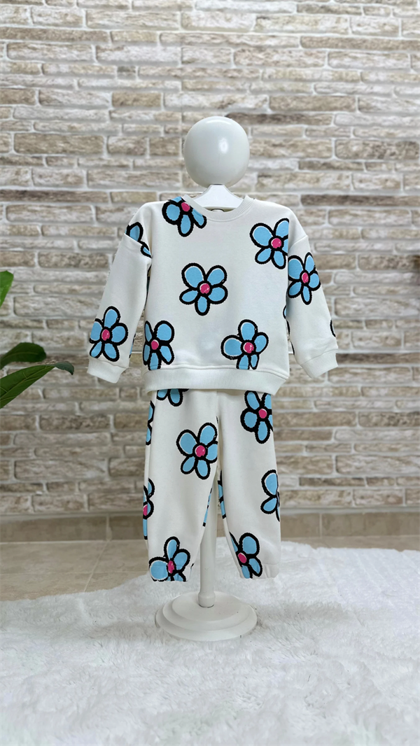 3 İplik Papatyalı Mavili İkili Takım