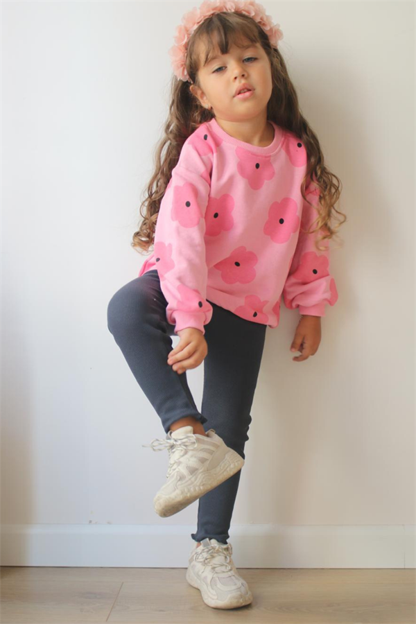 Kız Çocuk 3 İplik Pembe Çiçekli Taytlı Takım