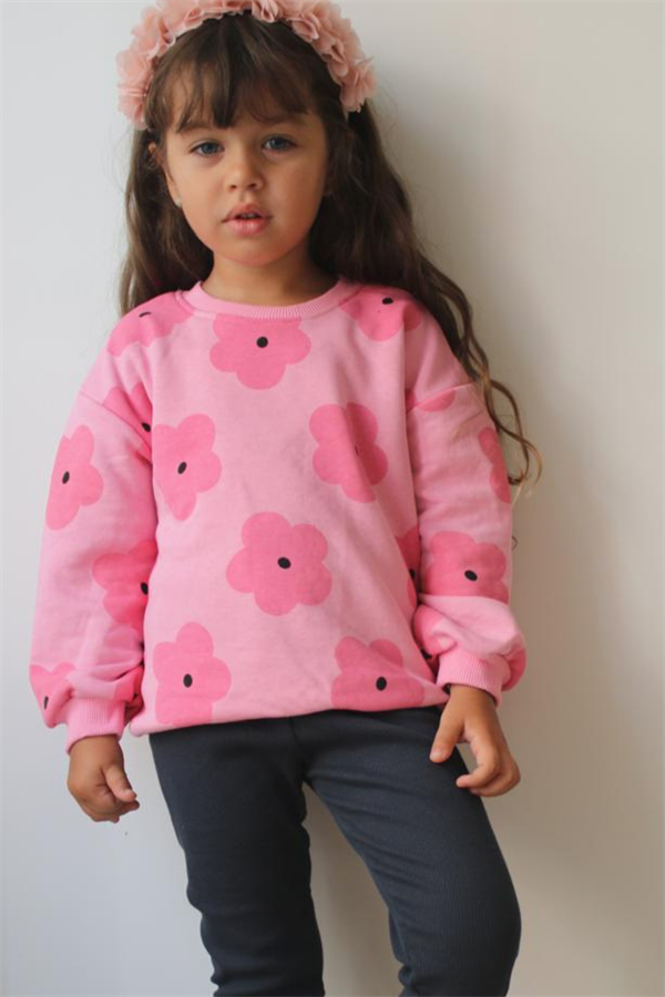 Kız Çocuk 3 İplik Pembe Çiçekli Taytlı Takım