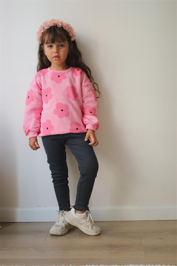 Kız Çocuk 3 İplik Pembe Çiçekli Taytlı Takım