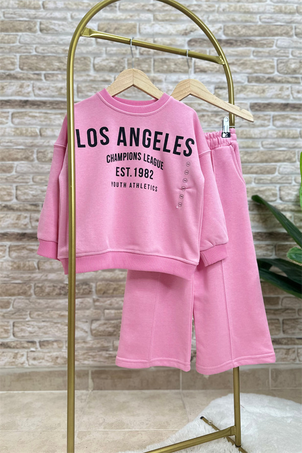 Kız Çocuk 3 İplik Pembe İspanyol Paça Takım