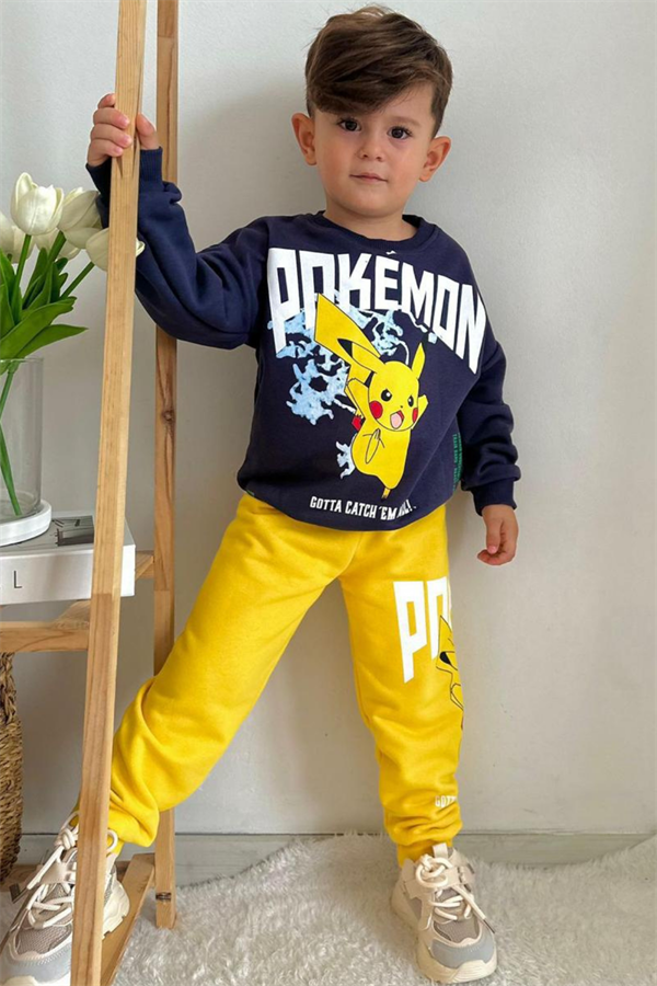 Erkek Çocuk 3 İplik Pokemon Antrasit Sarı Takım