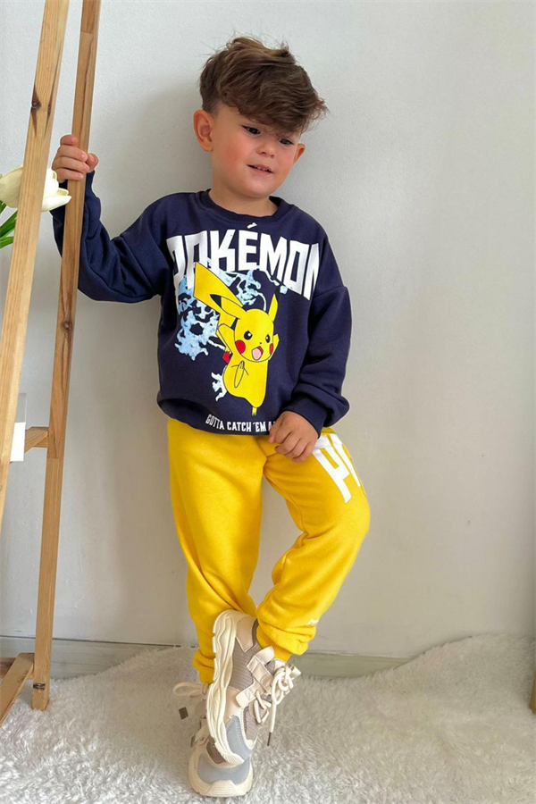Erkek Çocuk 3 İplik Pokemon Antrasit Sarı Takım