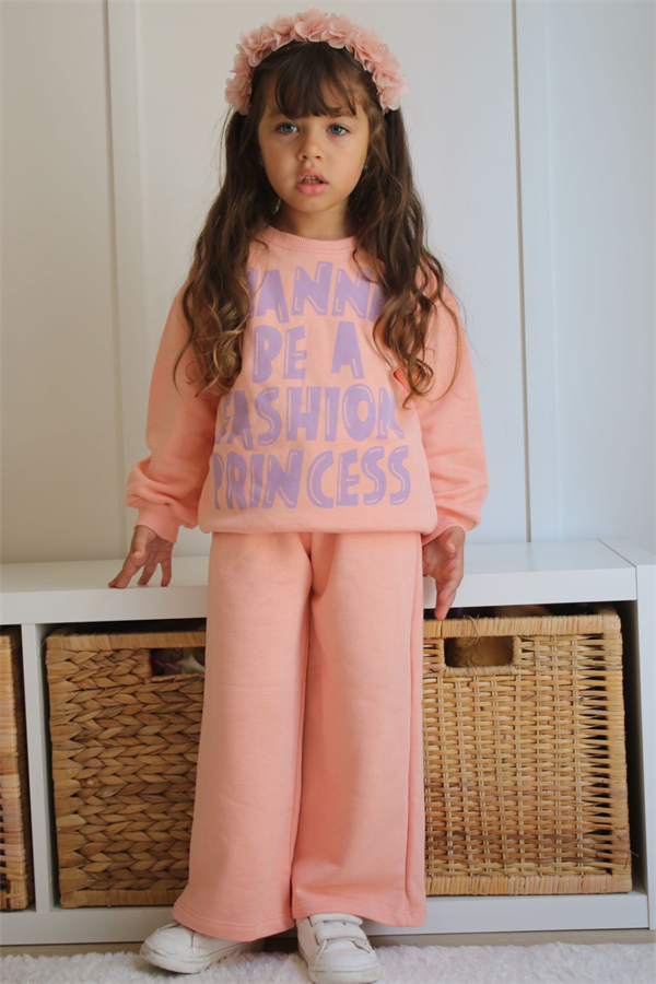 Kız Çocuk 3 İplik Somon Bol Paça Takım