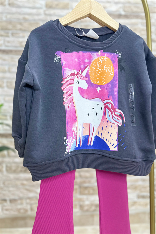 Kız Çocuk 3 İplik Unicorn Baskı Vişne İspanyol Taytlı Takım