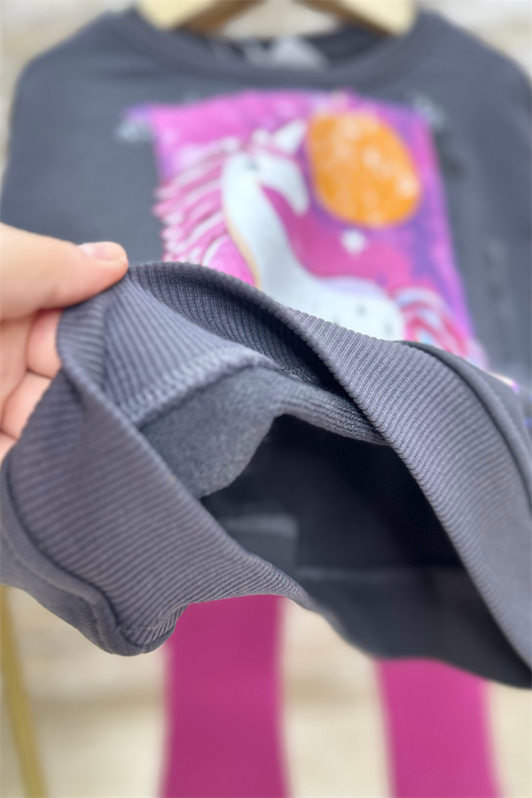 Kız Çocuk 3 İplik Unicorn Baskı Vişne İspanyol Taytlı Takım