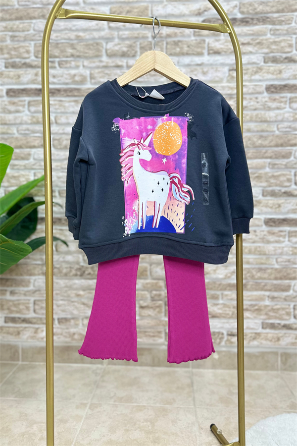 Kız Çocuk 3 İplik Unicorn Baskı Vişne İspanyol Taytlı Takım