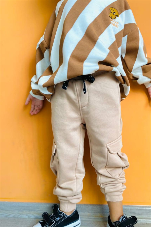 Unisex Çocuk 3 İplik Kahve Kargo Cepli Takım