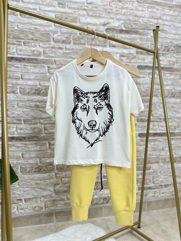 Erkek Çocuk 3 Parça 2 İplik Sarı Kurtlu Fermuarlı Takım