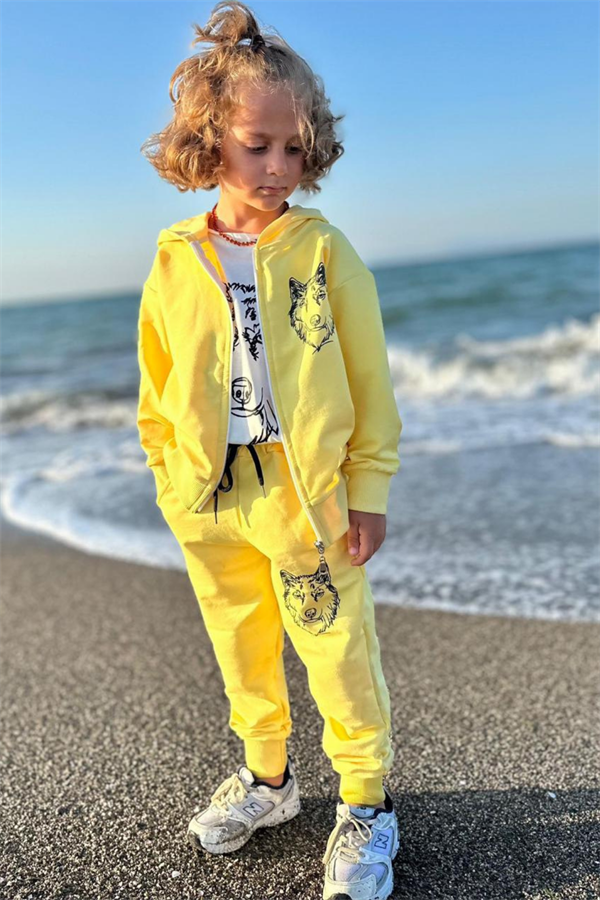 Erkek Çocuk 3 Parça 2 İplik Sarı Kurtlu Fermuarlı Takım