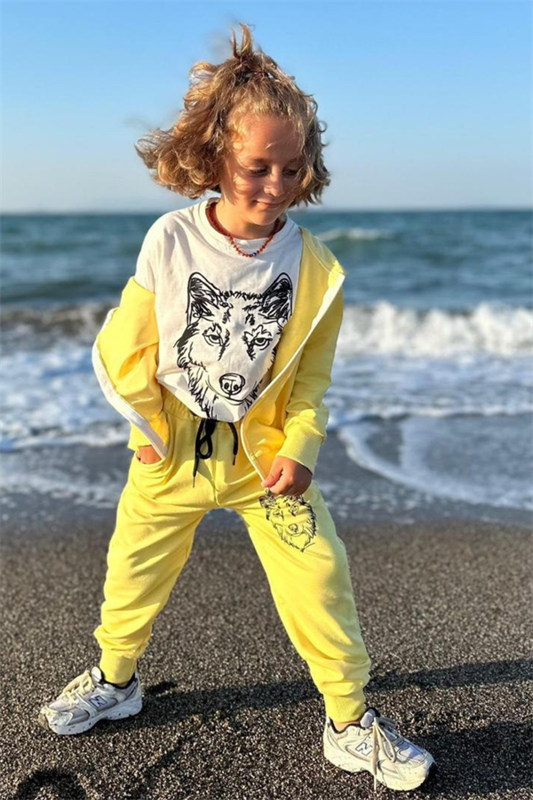 Erkek Çocuk 3 Parça 2 İplik Sarı Kurtlu Fermuarlı Takım