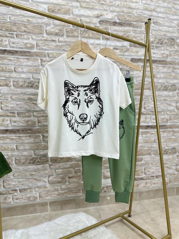 Erkek Çocuk 3 Parça 2 İplik Yeşil Kurtlu Fermuarlı Takım