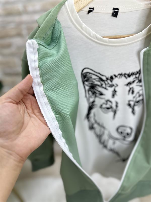 Erkek Çocuk 3 Parça 2 İplik Yeşil Kurtlu Fermuarlı Takım