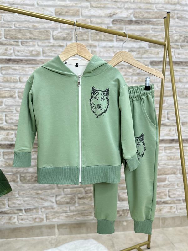 Erkek Çocuk 3 Parça 2 İplik Yeşil Kurtlu Fermuarlı Takım