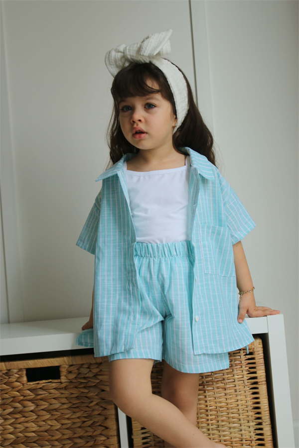 3 Parça Keten Mavi Şortlu Takım