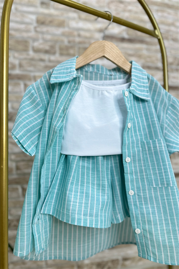 3 Parça Keten Mavi Şortlu Takım