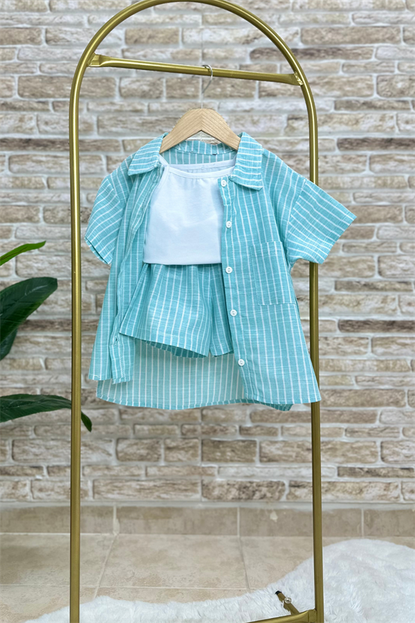 3 Parça Keten Mavi Şortlu Takım